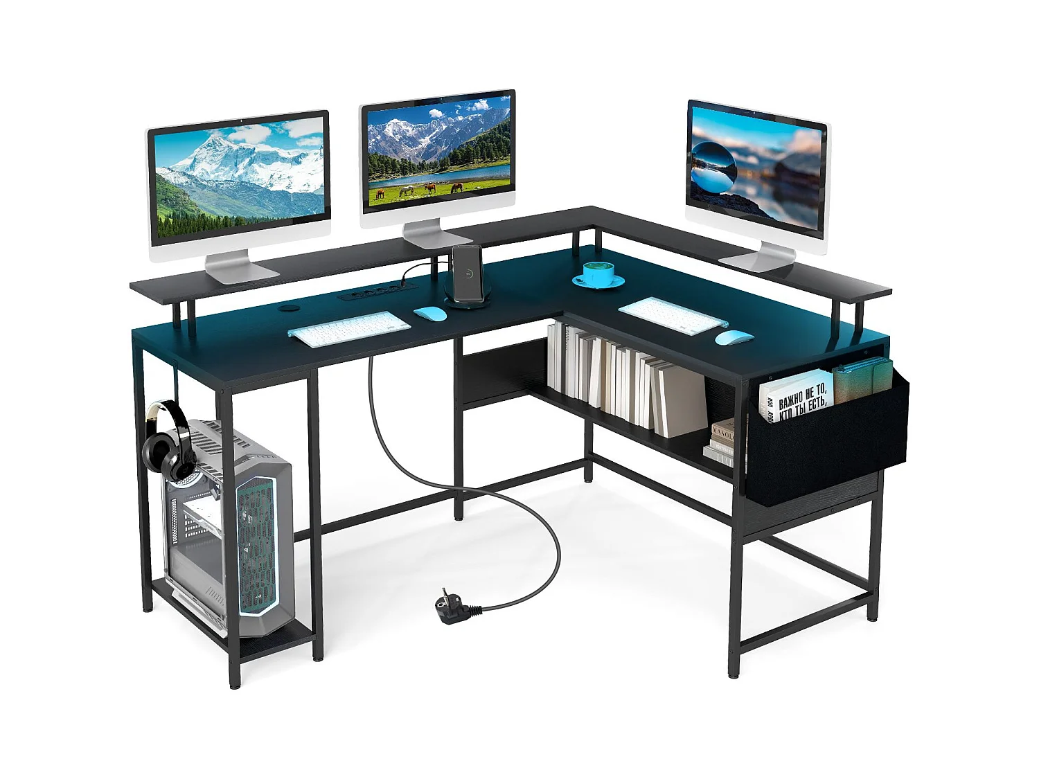 Bureau Gaming en Forme de L avec Lumières LED et Prises de Courant Bureau d'Ordinateur pour Bureau à Domicile avec Support Marron Rustique