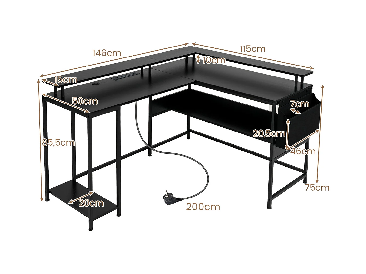 Bureau Gaming en Forme de L avec Lumières LED et Prises de Courant Bureau d'Ordinateur pour Bureau à Domicile avec Support Marron Rustique