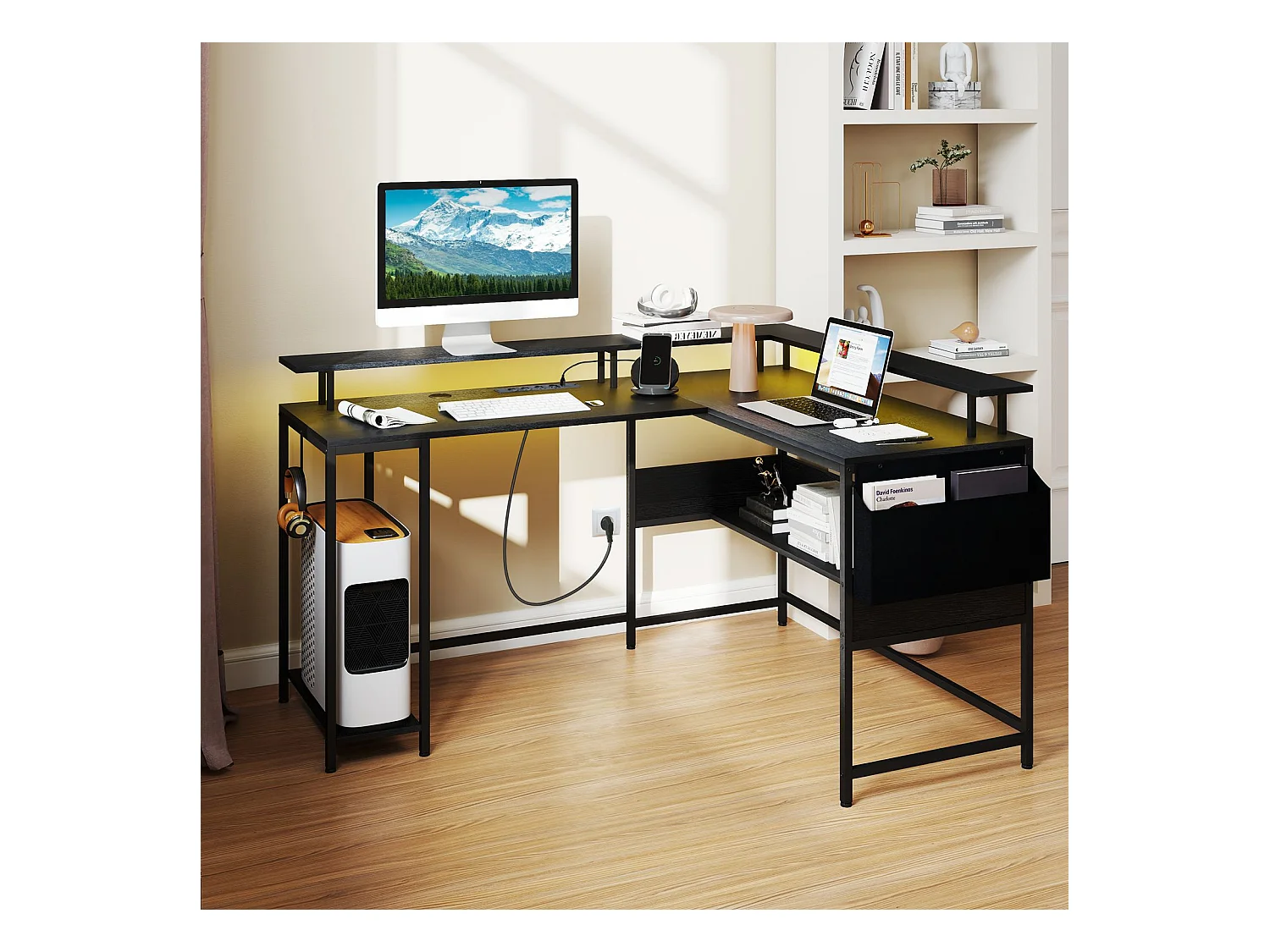 Bureau Gaming en Forme de L avec Lumières LED et Prises de Courant Bureau d'Ordinateur pour Bureau à Domicile avec Support Marron Rustique