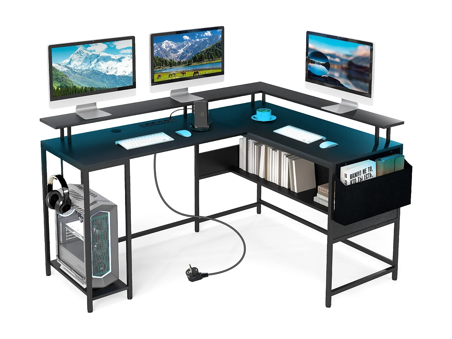 Scrivania da gaming angolare supporto per monitor gancio e ripiani, Scrivania per computer con luci LED Marrone