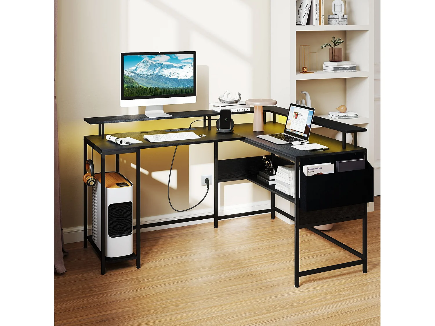 Scrivania da gaming angolare supporto per monitor gancio e ripiani, Scrivania per computer con luci LED Marrone