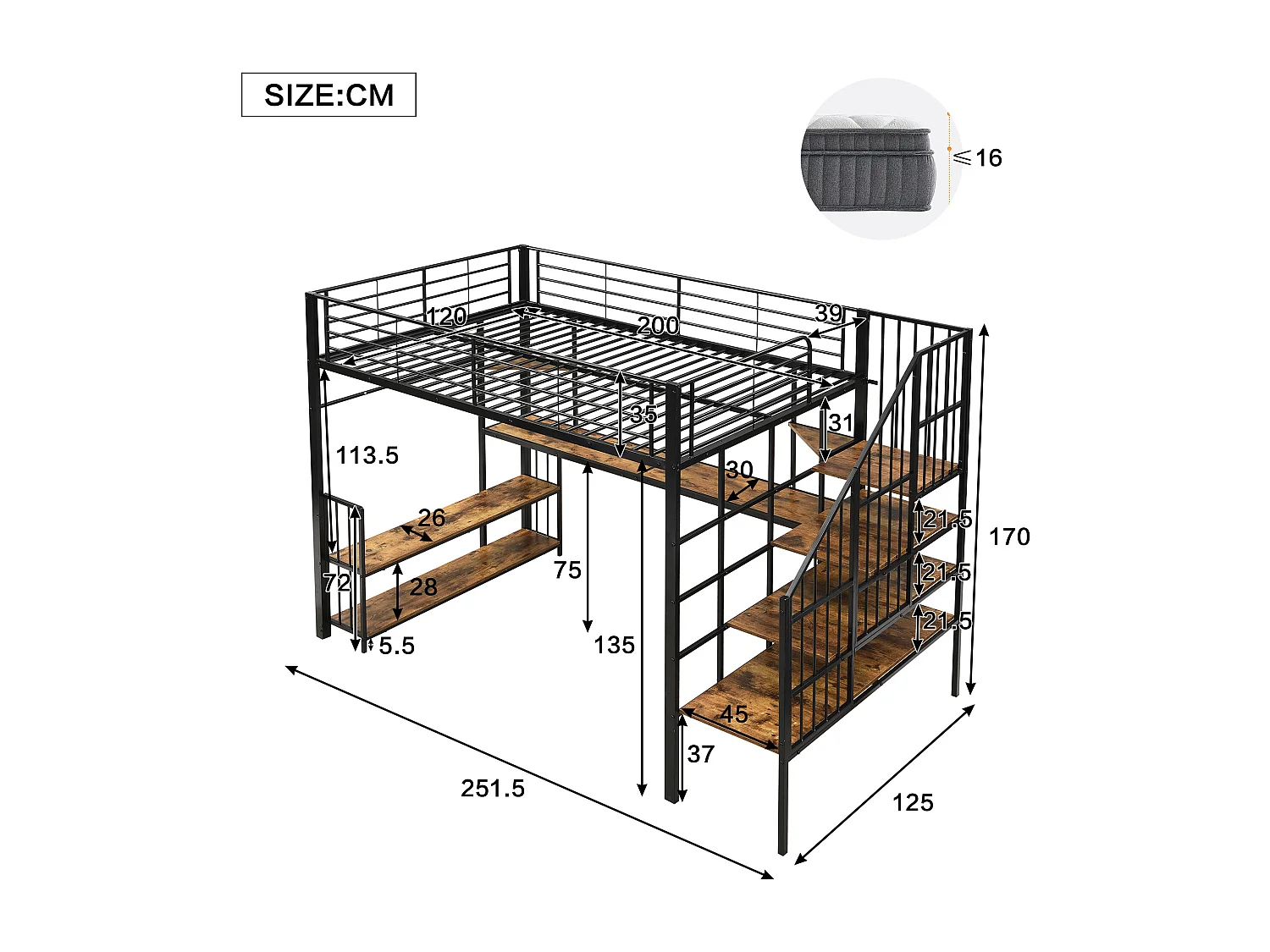 Cama alta preta e nogueira escura 120x200 cm com escada de arrumação, secretária, porta de carregamento e prateleira, sem colchão