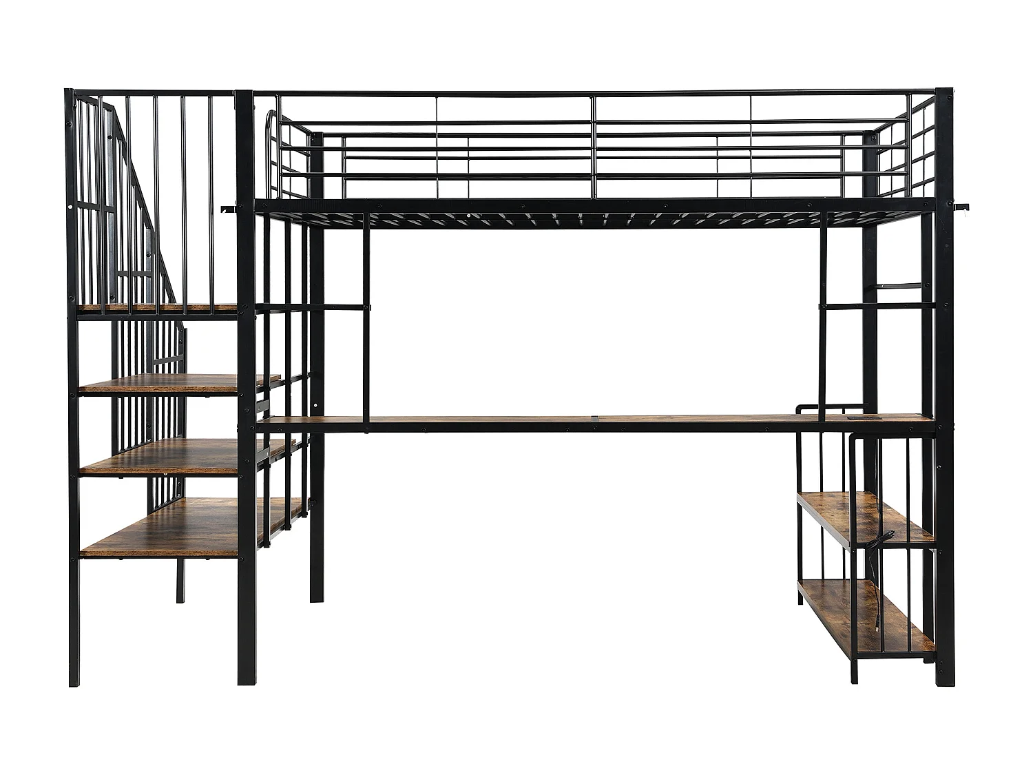 Cama alta preta e nogueira escura 120x200 cm com escada de arrumação, secretária, porta de carregamento e prateleira, sem colchão