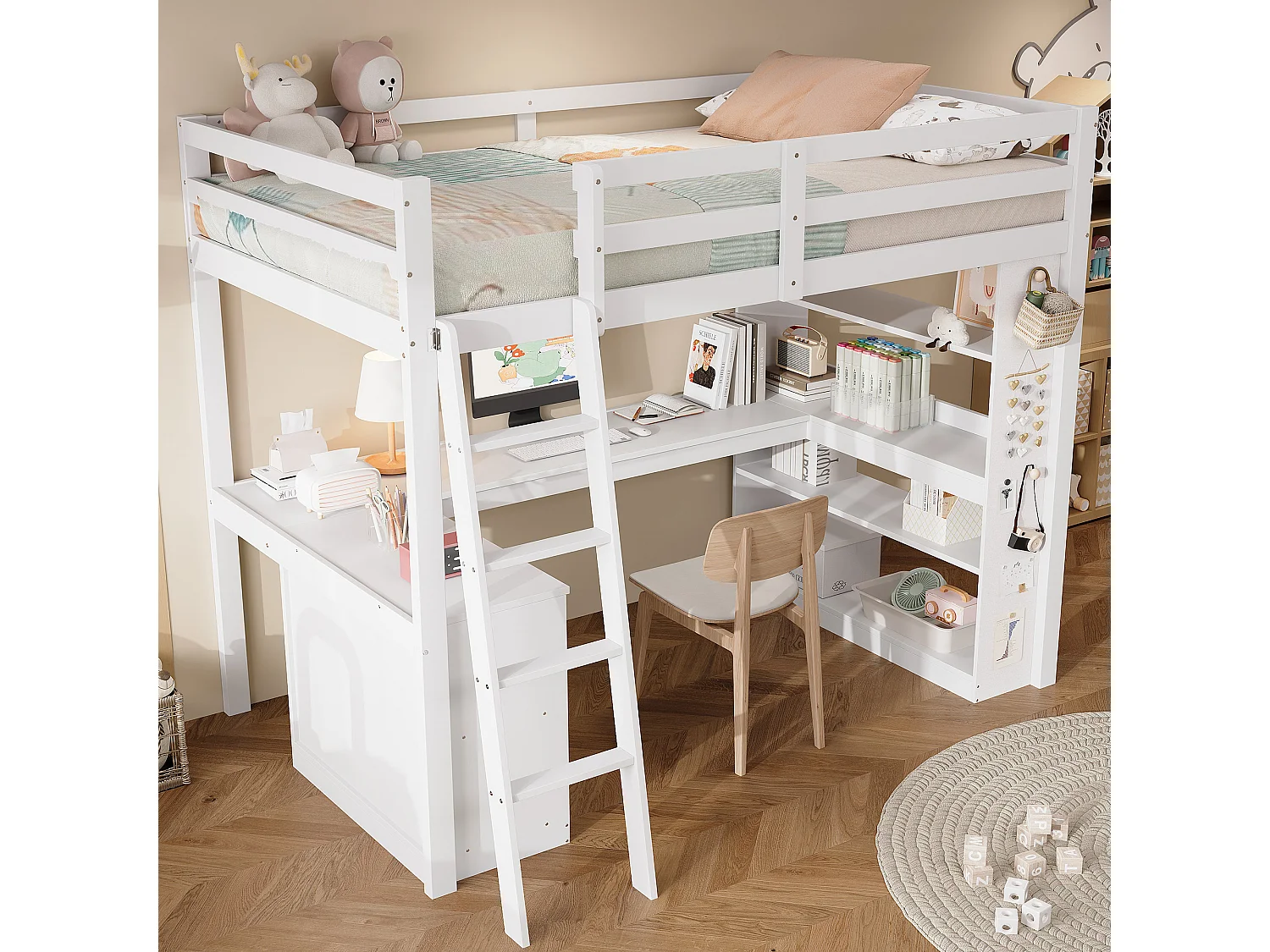 Lit mezzanine enfant blanc en bois avec étagères de rangement, table et échelle, tissu en feutre (sans matelas)