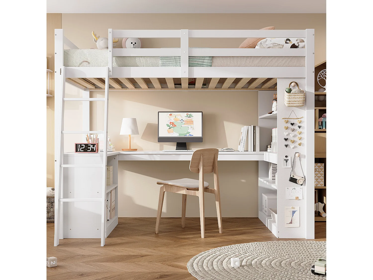 Lit mezzanine enfant blanc en bois avec étagères de rangement, table et échelle, tissu en feutre (sans matelas)