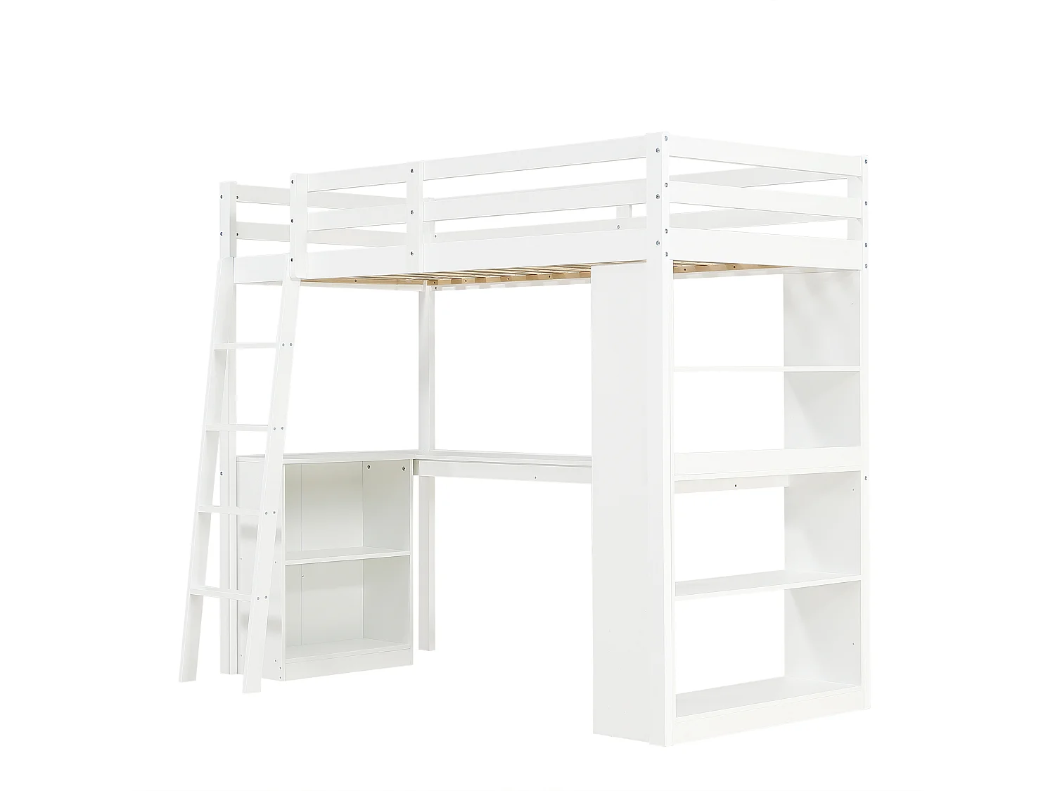 Lit mezzanine enfant blanc en bois avec étagères de rangement, table et échelle, tissu en feutre (sans matelas)