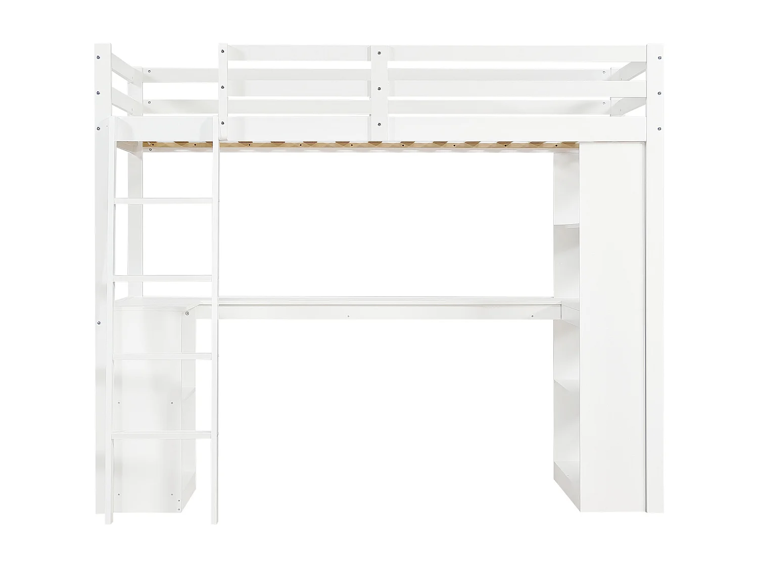 Lit mezzanine enfant blanc en bois avec étagères de rangement, table et échelle, tissu en feutre (sans matelas)