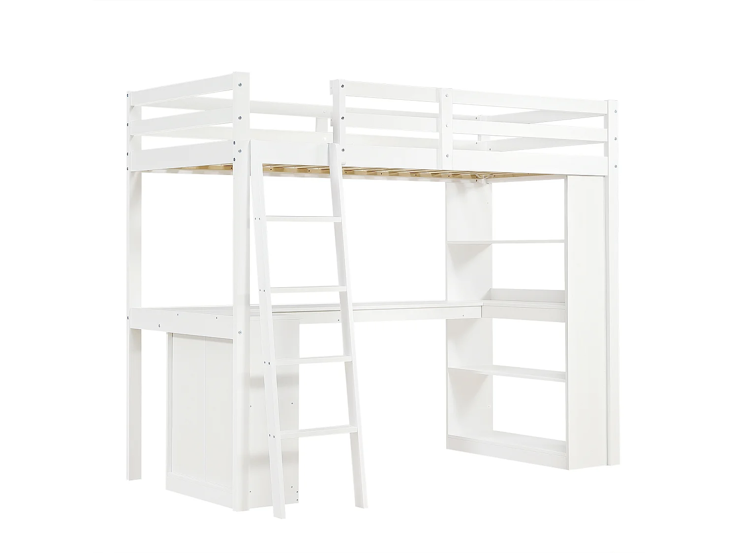Lit mezzanine enfant blanc en bois avec étagères de rangement, table et échelle, tissu en feutre (sans matelas)