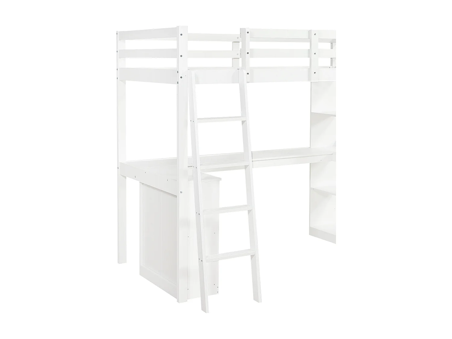 Lit mezzanine enfant blanc en bois avec étagères de rangement, table et échelle, tissu en feutre (sans matelas)