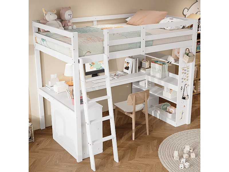 Lit mezzanine enfant blanc en bois avec étagères de rangement, table et échelle, tissu en feutre (sans matelas)