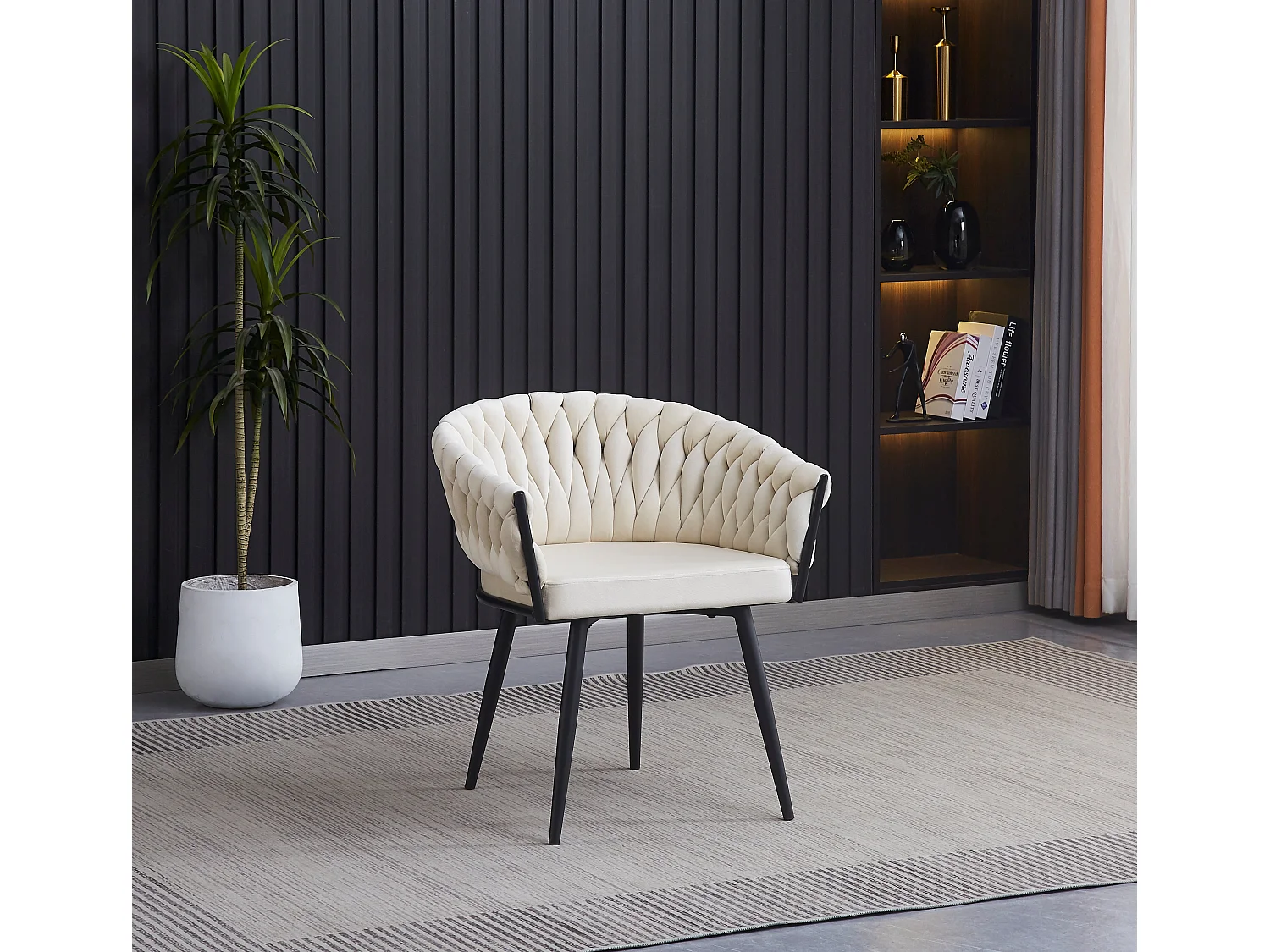 Lot de 2 chaises TRESSEES Velours Pied en métal noir - écru