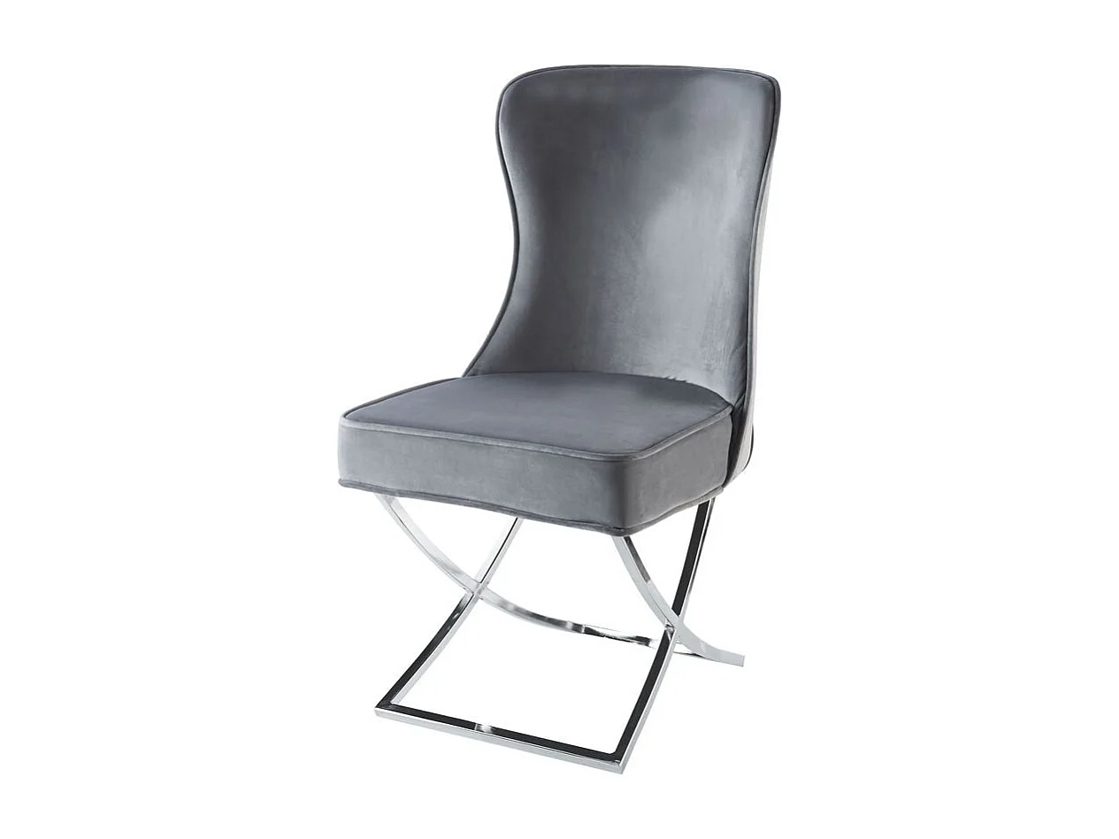 Lot 2 Chaises Salle à Manger Gabrielle Capitonnées Velours Gris Pieds Chrome 59x52x95cm