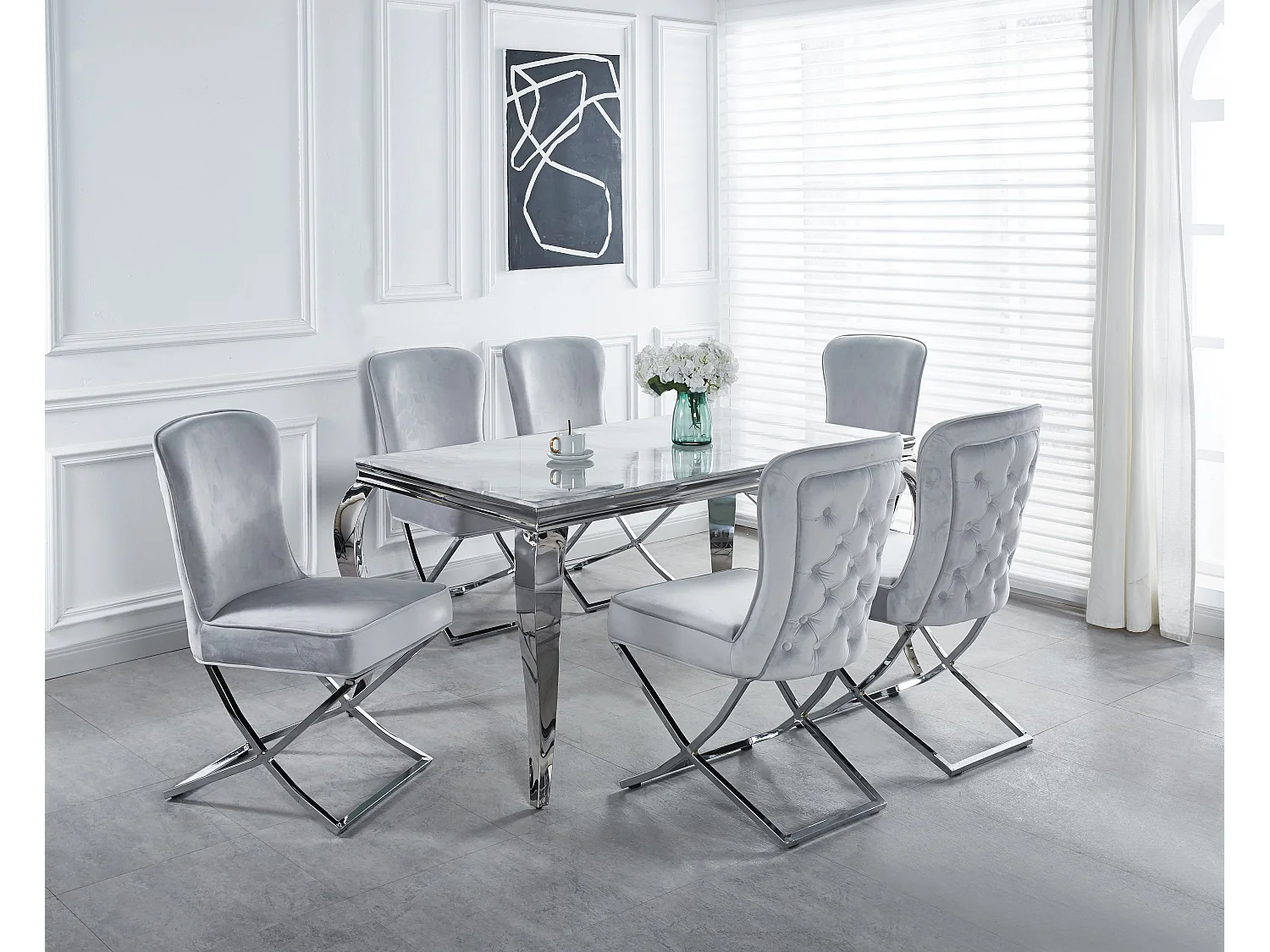 Lot 2 Chaises Salle à Manger Gabrielle Capitonnées Velours Gris Pieds Chrome 59x52x95cm
