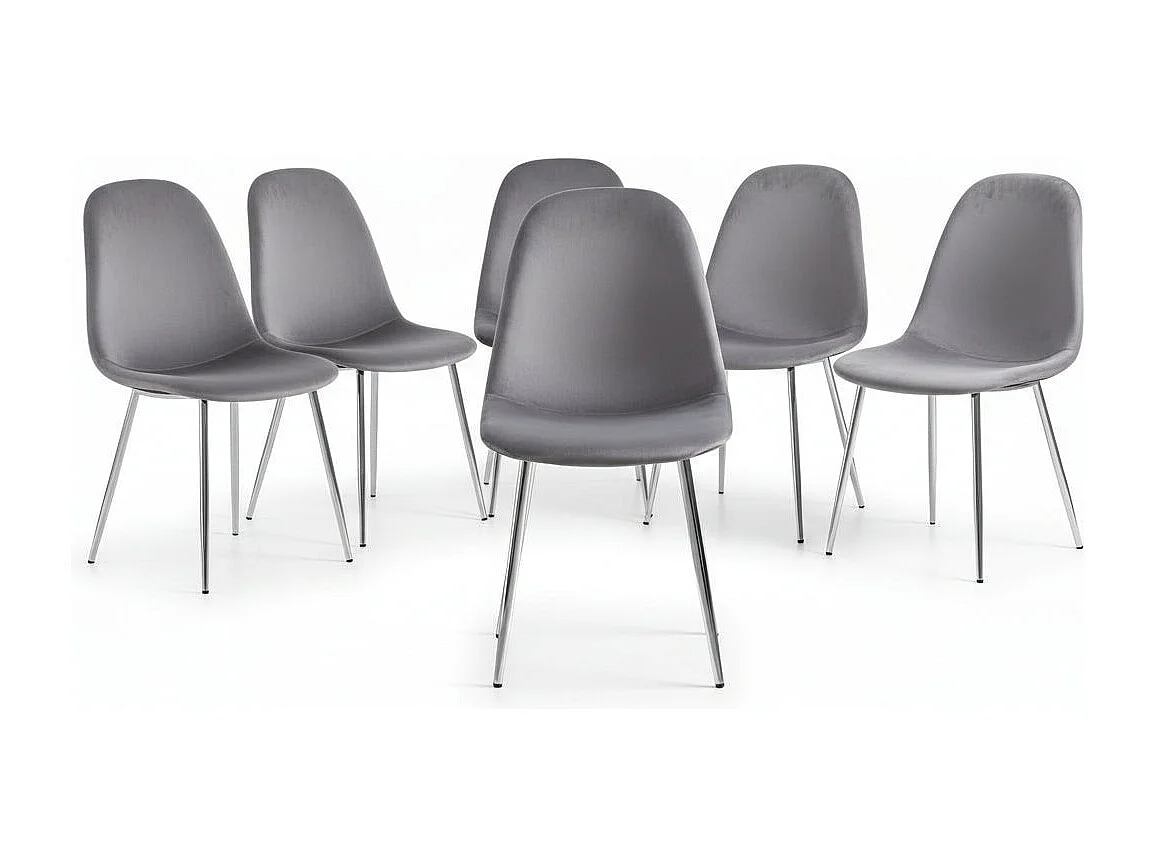 Lot de 6 chaises scandinaves velours gris pieds chrome 44x50x87 cm