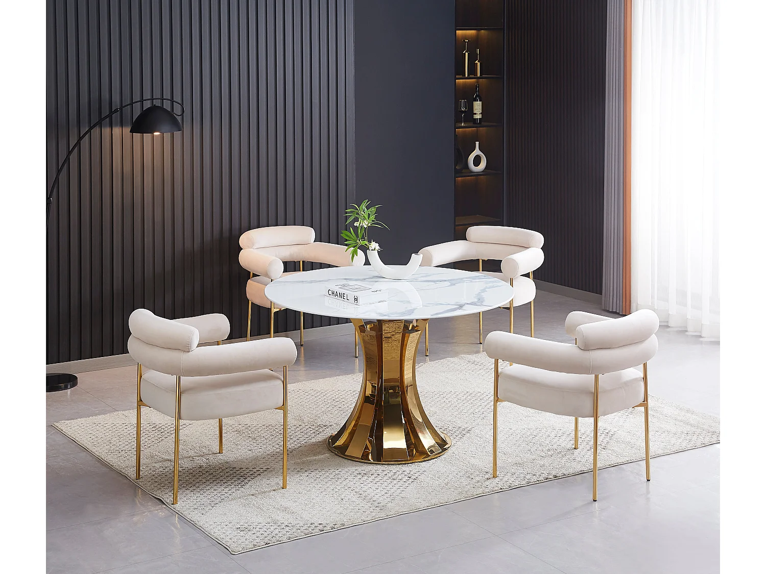 Lot de 2 Chaises BULLE avec Accoudoirs Velours Beige & Pieds Gold 72x60x77 cm