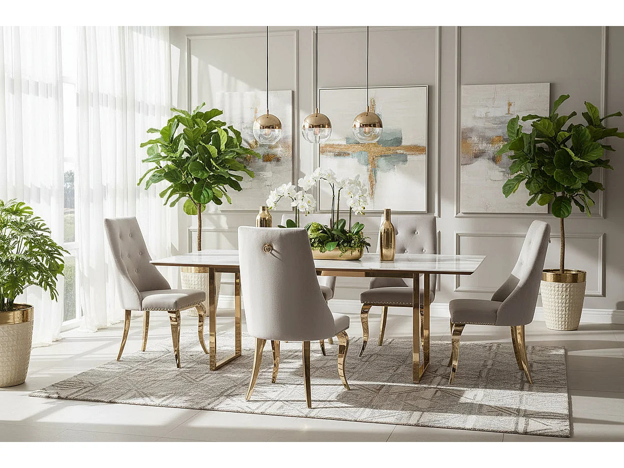 Lot 2 Chaises Salle à Manger Anneau Velours Moka Capitonnées Cloutées Pieds Gold