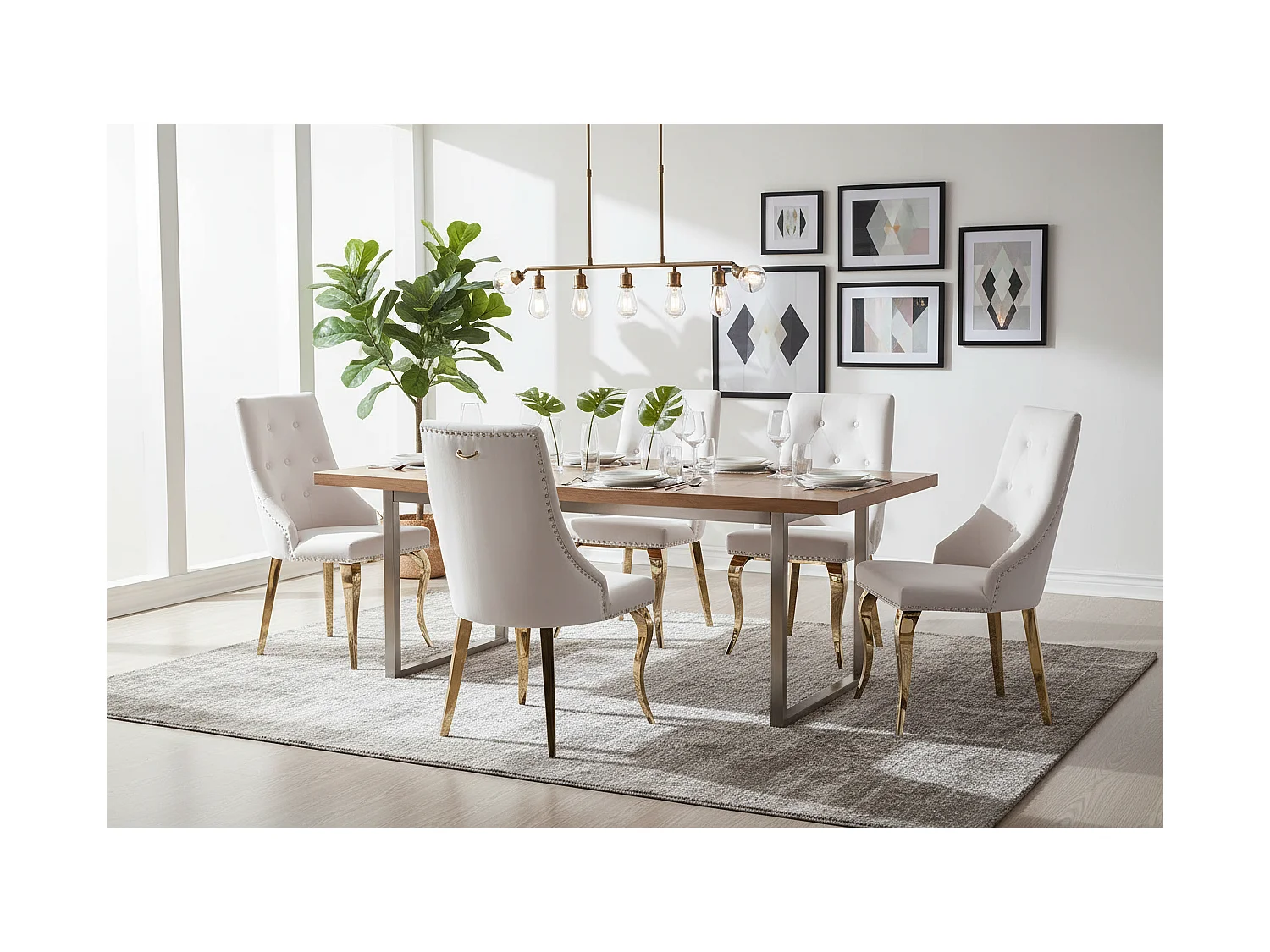 Lot 2 Chaises Salle à Manger Anneau Velours Écru Capitonnées Cloutées Pieds Gold