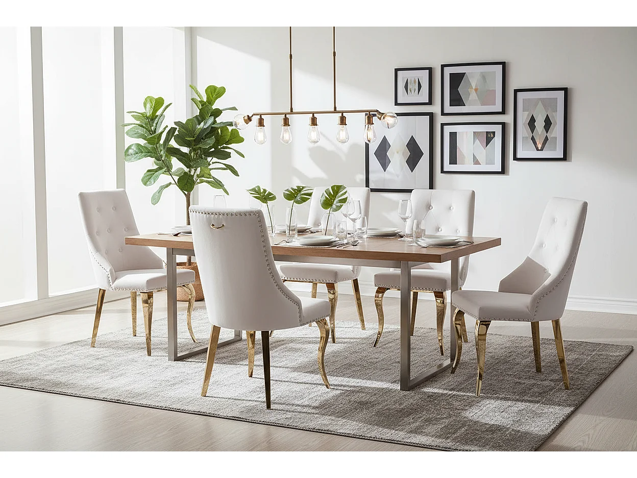 Lot 2 Chaises Salle à Manger Anneau Velours Écru Capitonnées Cloutées Pieds Gold