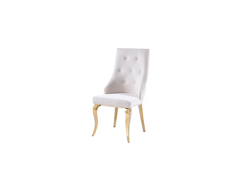 Lot 2 Chaises Salle à Manger Anneau Velours Écru Capitonnées Cloutées Pieds Gold