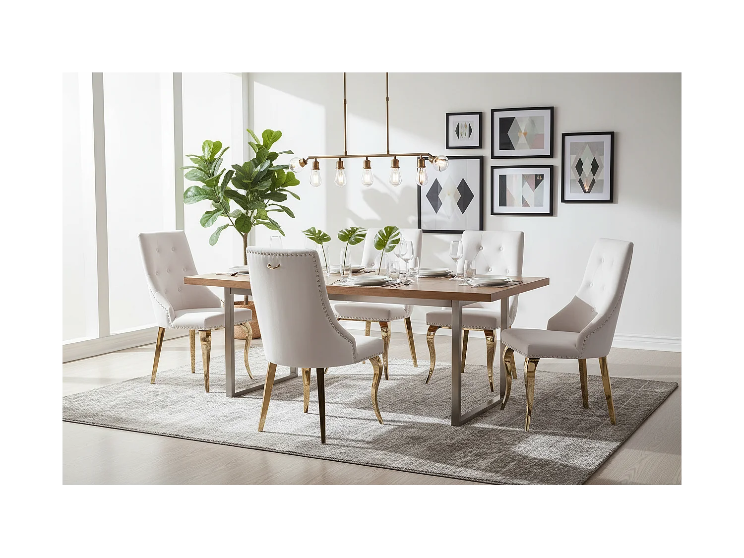 Lot 2 Chaises Salle à Manger Anneau Velours Écru Capitonnées Cloutées Pieds Gold