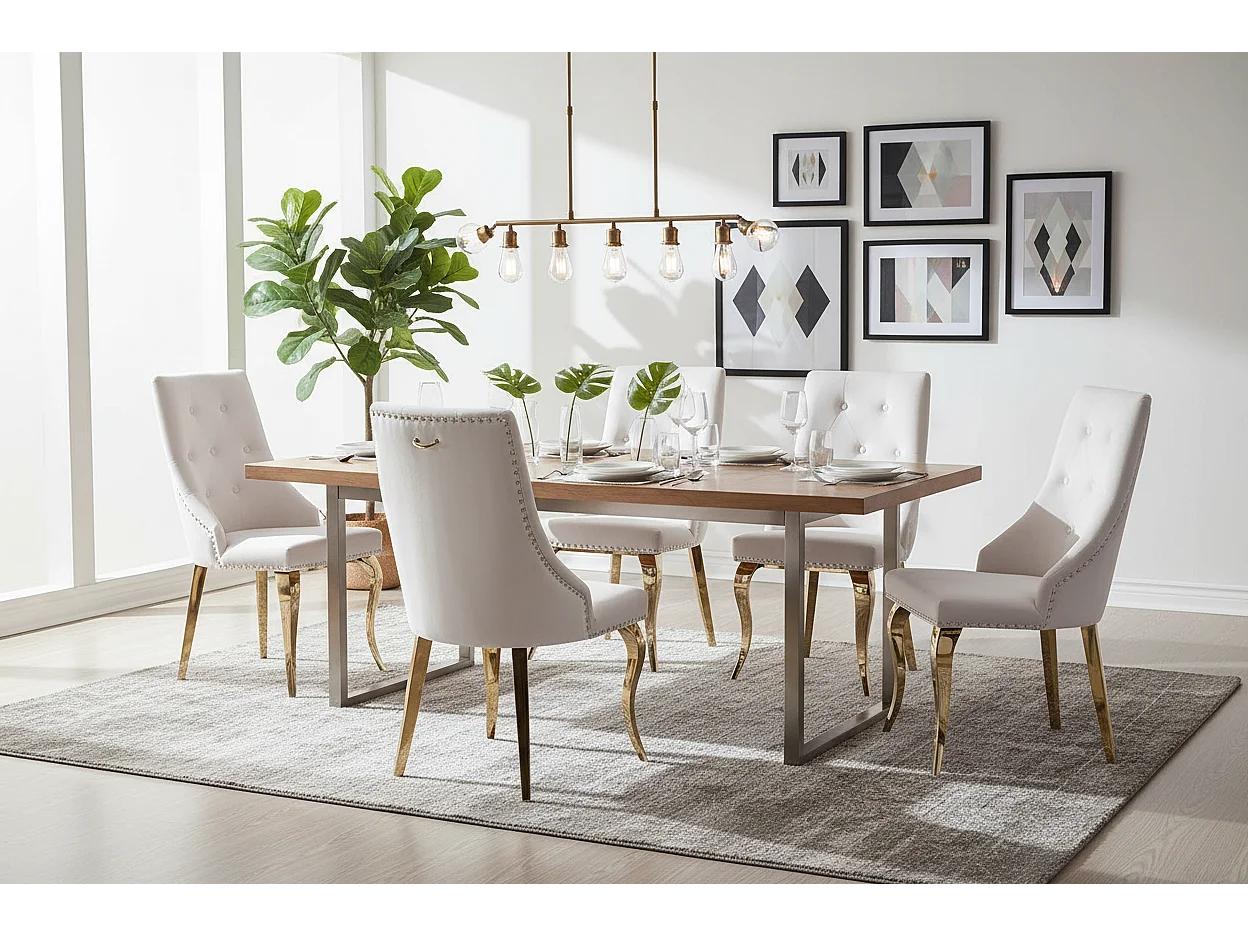 Lot 2 Chaises Salle à Manger Anneau Velours Écru Capitonnées Cloutées Pieds Gold