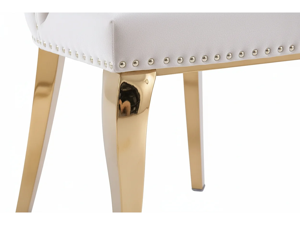 Lot 2 Chaises Salle à Manger Anneau Velours Écru Capitonnées Cloutées Pieds Gold