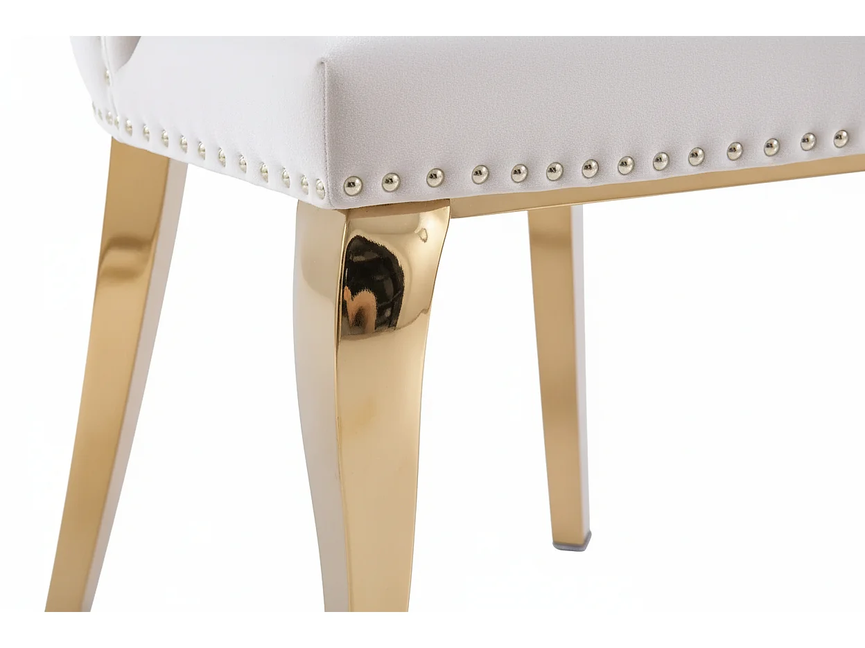 Lot 2 Chaises Salle à Manger Anneau Velours Écru Capitonnées Cloutées Pieds Gold