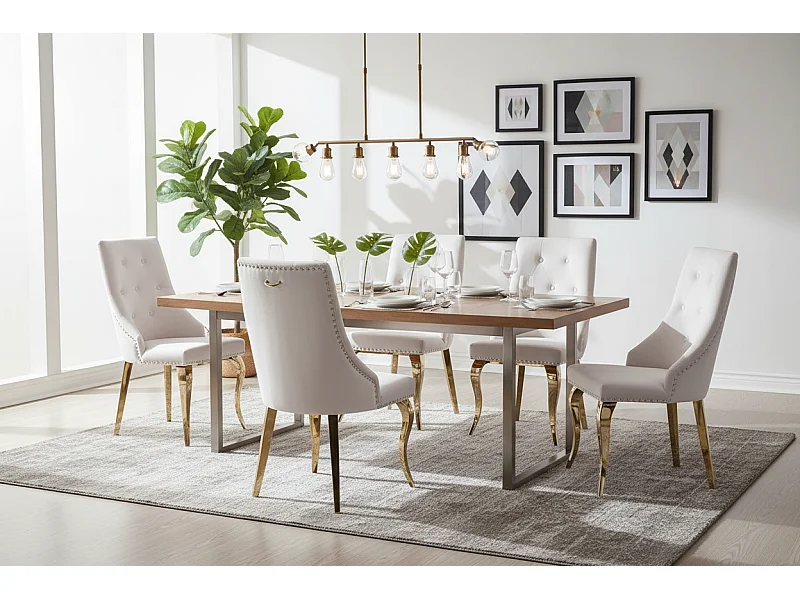 Lot 2 Chaises Salle à Manger Anneau Velours Écru Capitonnées Cloutées Pieds Gold