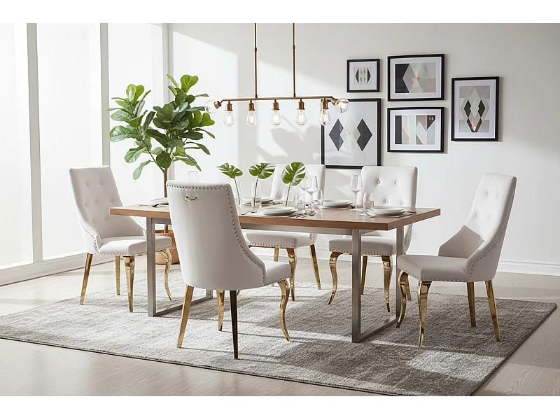 Lot 2 Chaises Salle à Manger Anneau Velours Écru Capitonnées Cloutées Pieds Gold