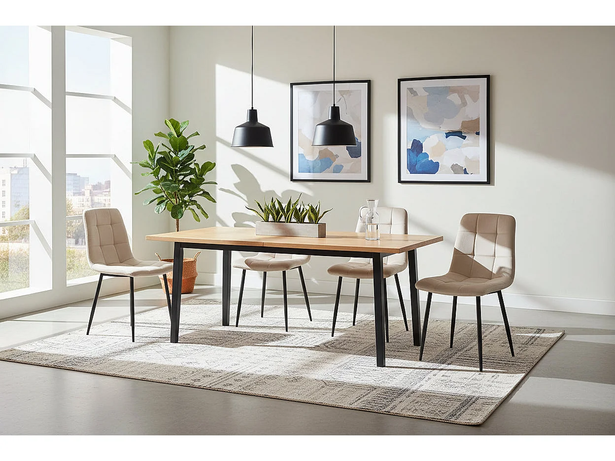 Lot 4 Chaises Salle à Manger Elisa Velours Beige Pieds Métal Noir 42x55x87cm