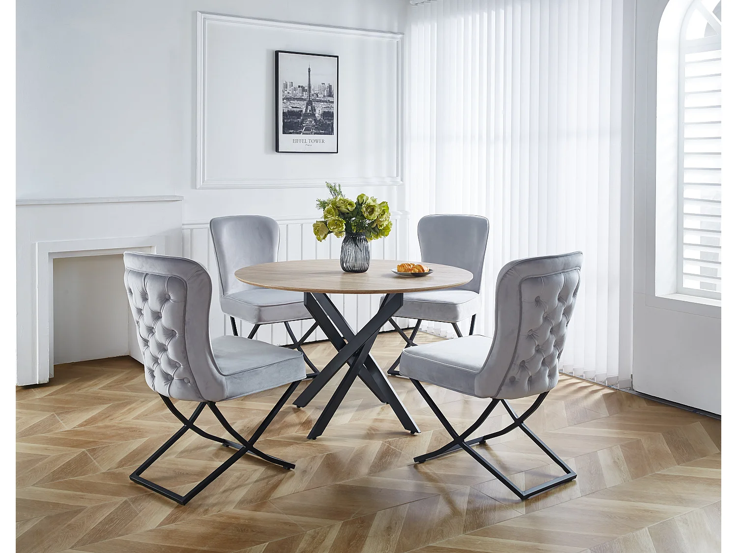 Lot 4 Chaises Salle à Manger Gabrielle Velours Gris Capitonné Pieds Métal Noir
