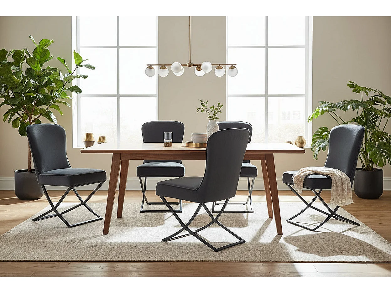 Lot 4 Chaises Salle à Manger Gabrielle Velours Noir Capitonné Pieds Métal Noir
