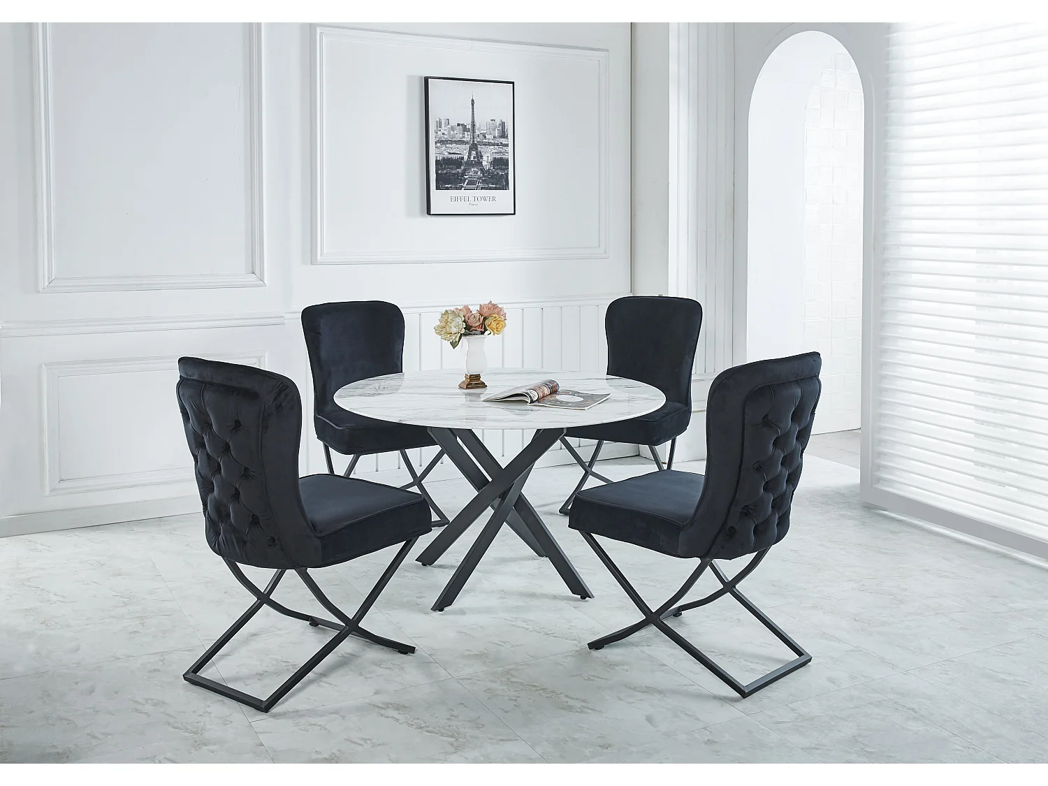 Lot 4 Chaises Salle à Manger Gabrielle Velours Noir Capitonné Pieds Métal Noir