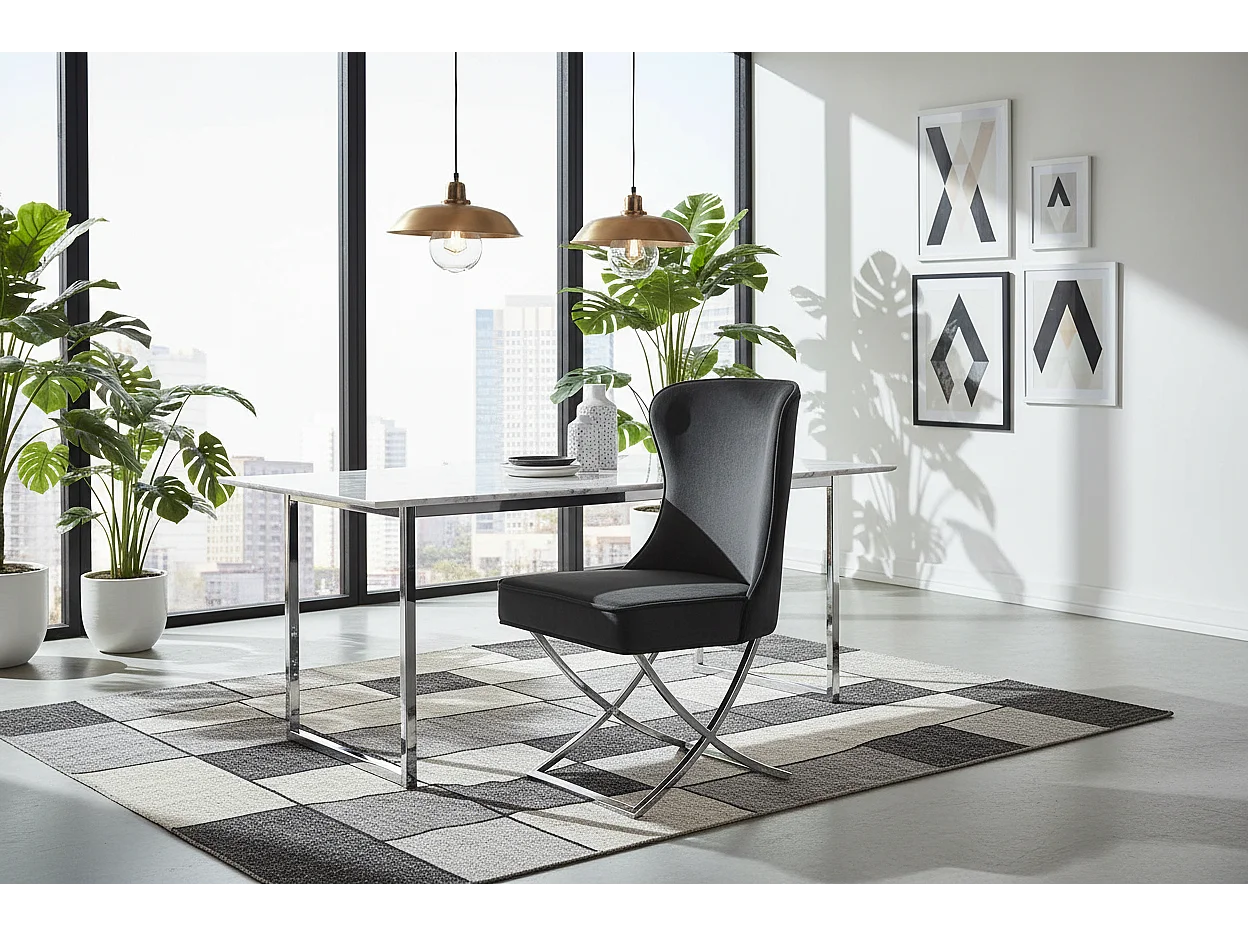 Lot 2 Chaises Salle à Manger Gabrielle Capitonnées Velours Noir Pieds Chrome 59x52x95cm