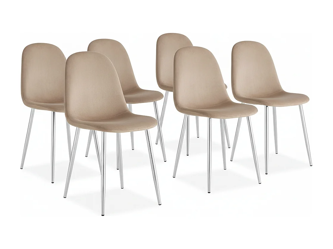 Lot de 6 chaises scandinaves en velours taupe pieds chrome 44x50x87 cm