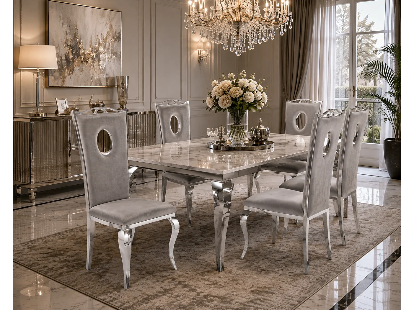 Lot de 4 Chaises baroque ROYAL Chrome Velours Gris