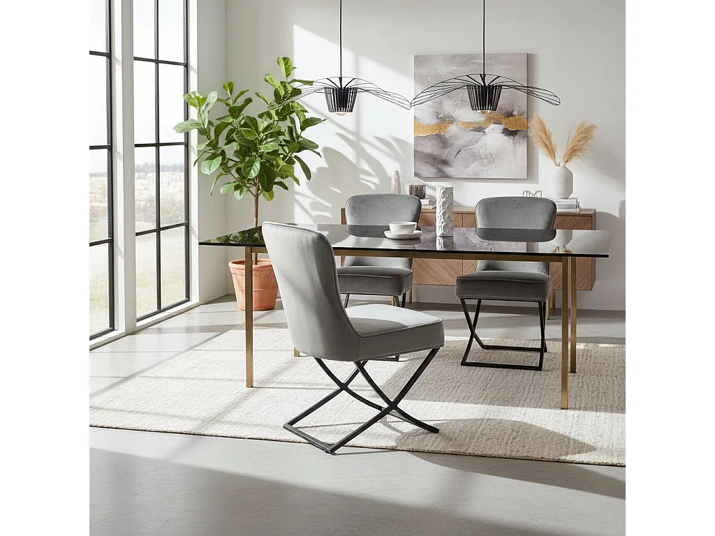 Lot 4 Chaises Salle à Manger Gabrielle Velours Anthracite Capitonné Pieds Métal Noir