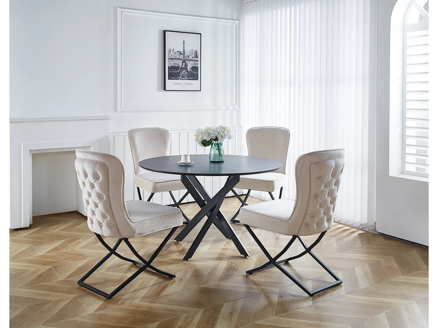 Lot 4 Chaises Salle à Manger Gabrielle Velours Beige Capitonné Pieds Métal Noir