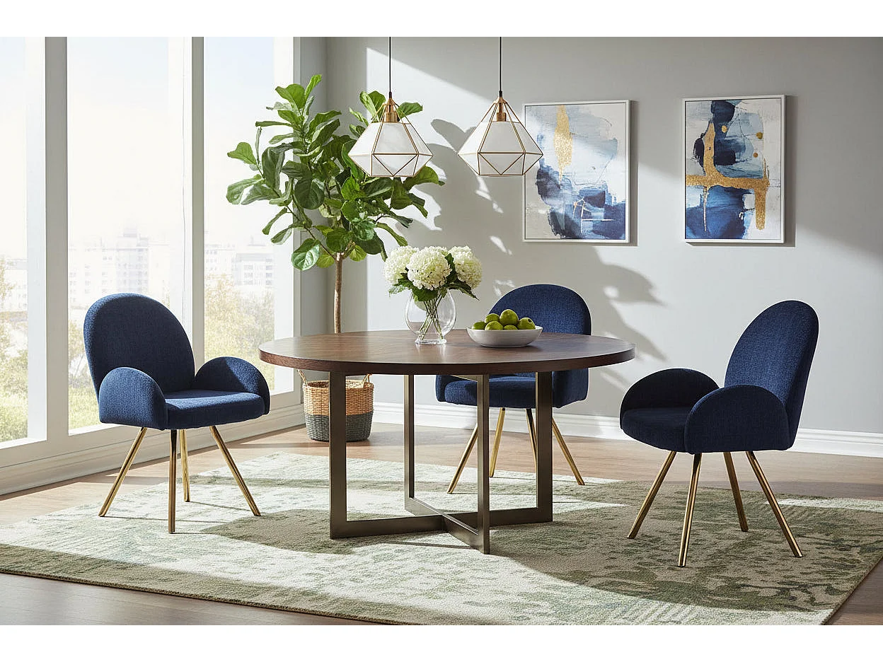 Lot 2 Chaises Salle à Manger Mimi Accoudoirs Bleu Pieds Gold 62x63x92cm