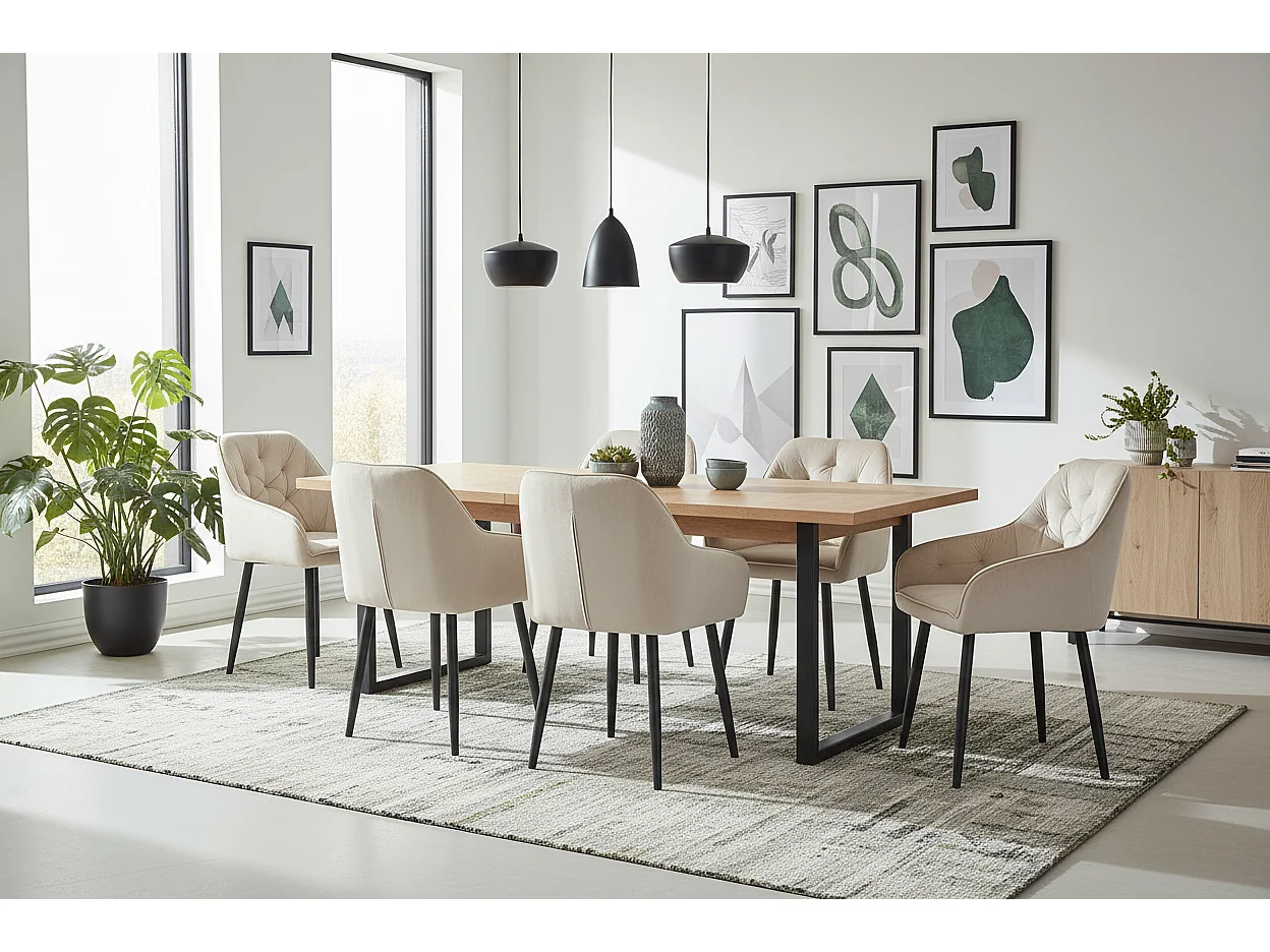 Lot 2 Chaises Salle à Manger Jade Accoudoirs Velours Beige Pieds Métal Noir 53,5x53x84cm