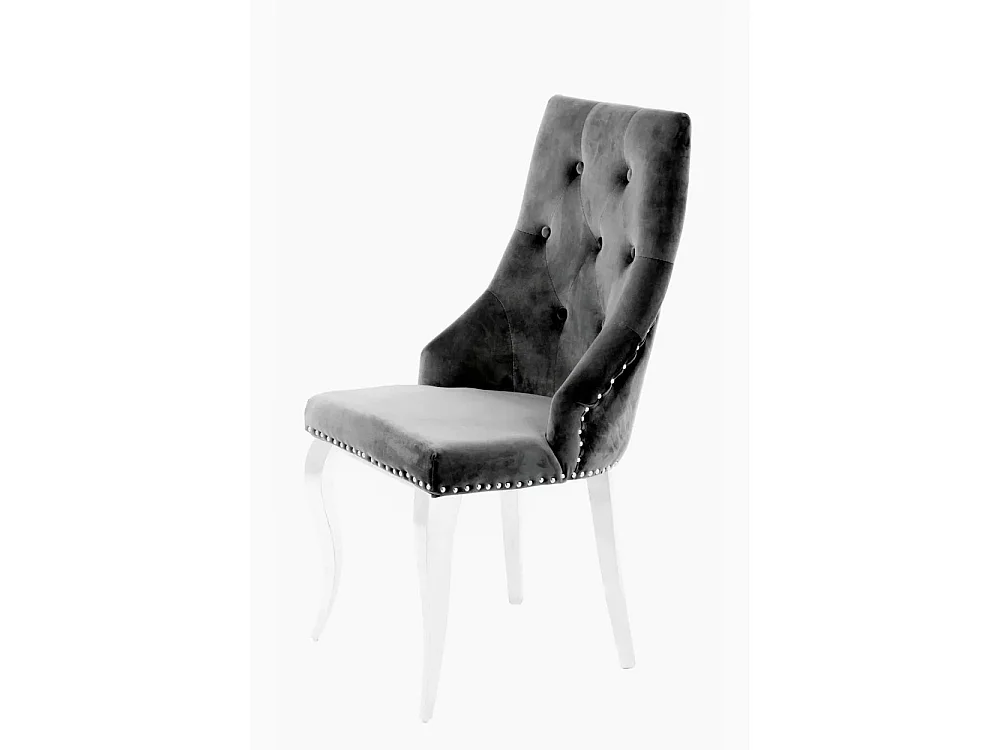 Lot de 4 Chaises LION Capitonnées et Cloutées Chrome Velours - Anthracite