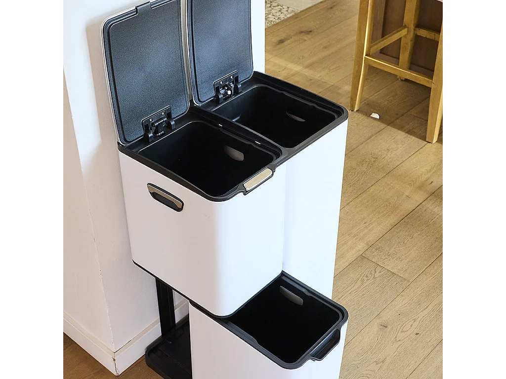 Poubelle de cuisine tri sélectif HAJA Blanc Acier inoxydable 60L