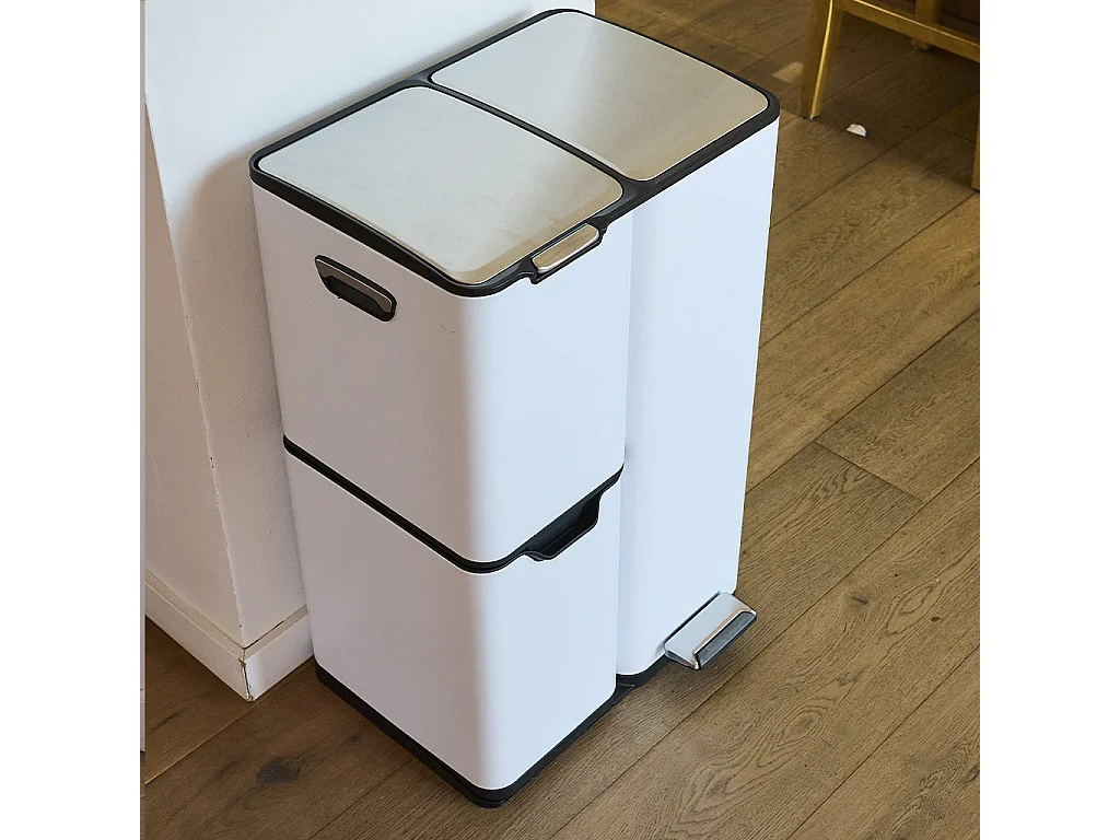 Poubelle de cuisine tri sélectif HAJA Blanc Acier inoxydable 60L