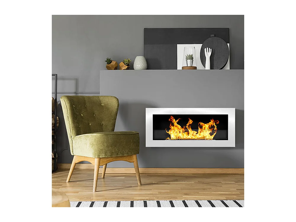 Livorno Witte wand- of inbouw bio-ethanolhaard, L 90 x D 12 x H 40 met glas