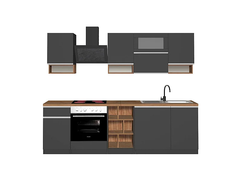 Dceccaron complete keuken, Set met bijkeuken, Keukenkast, Lineaire blokkit, 100% Made in Italy, 255x60h85 cm, Antraciet en Eiken