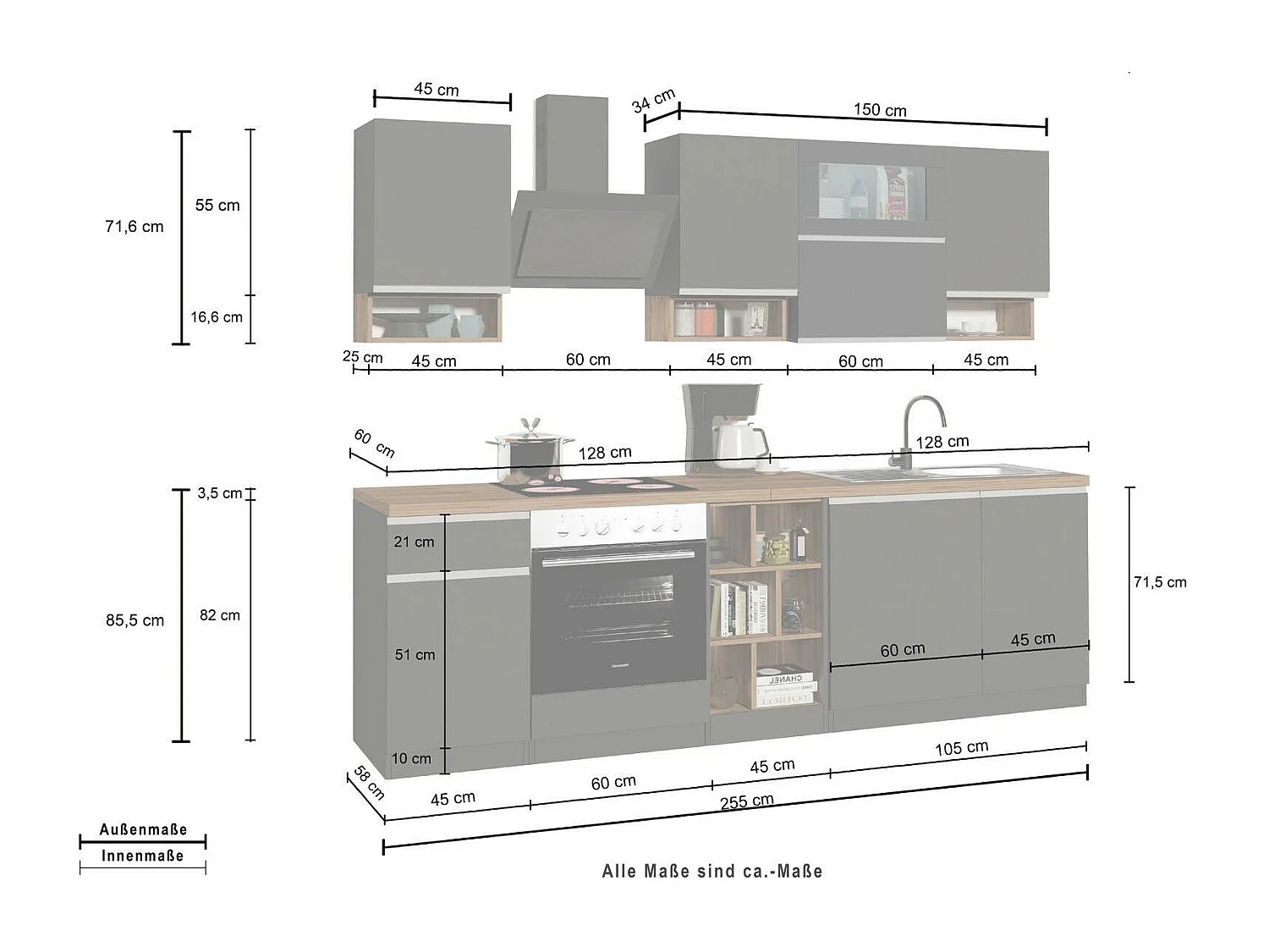 Cucina Completa Attiko, Modulabile Made in Italy, Nero Antracite