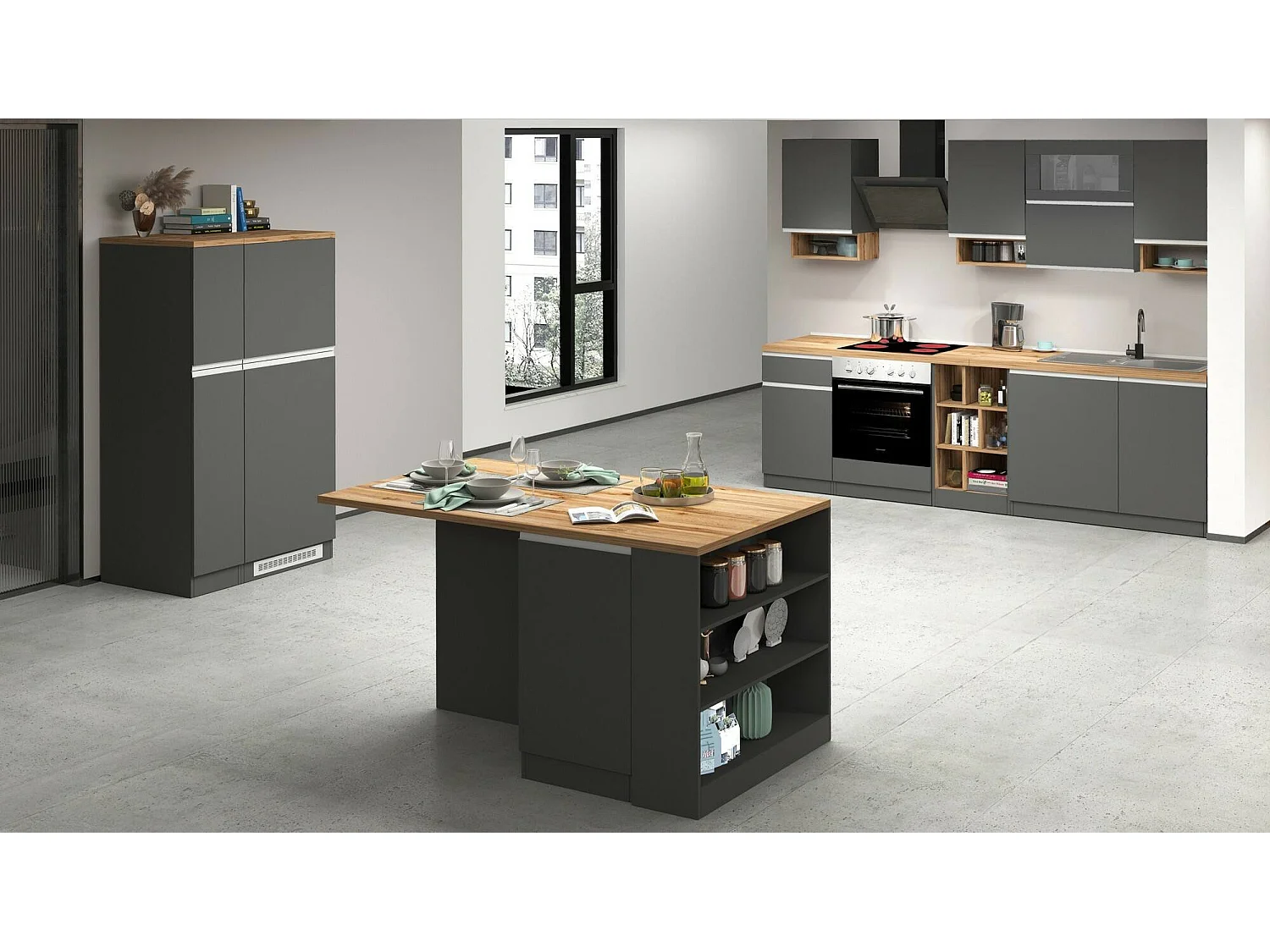 Cucina Completa Attiko, Modulabile Made in Italy, Nero Antracite