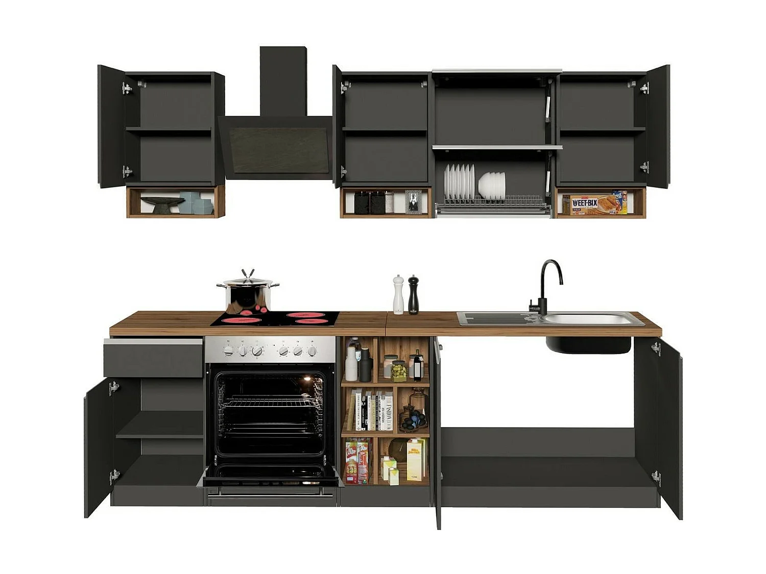 Cocina completa Dceccaron, Set con despensa, Mueble cocina, Kit bloque lineal, 100% Made in Italy, 255x60h85 cm, Antracita y Roble