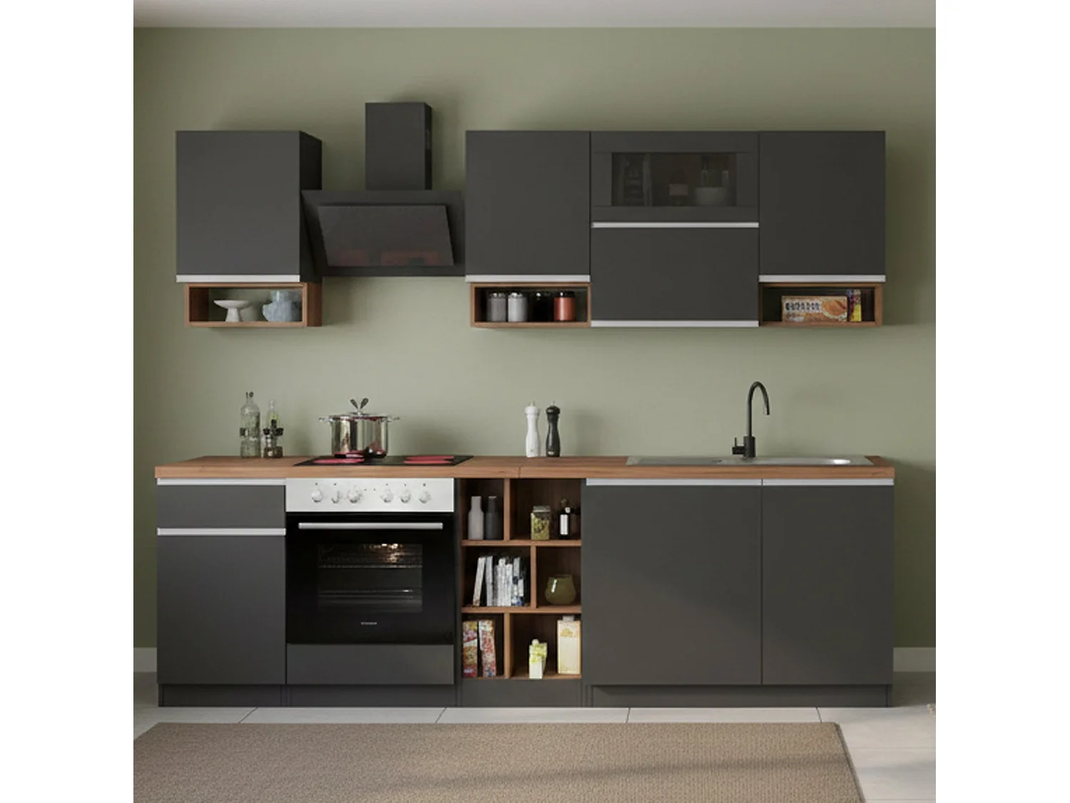 Cocina completa Dceccaron, Set con despensa, Mueble cocina, Kit bloque lineal, 100% Made in Italy, 255x60h85 cm, Antracita y Roble