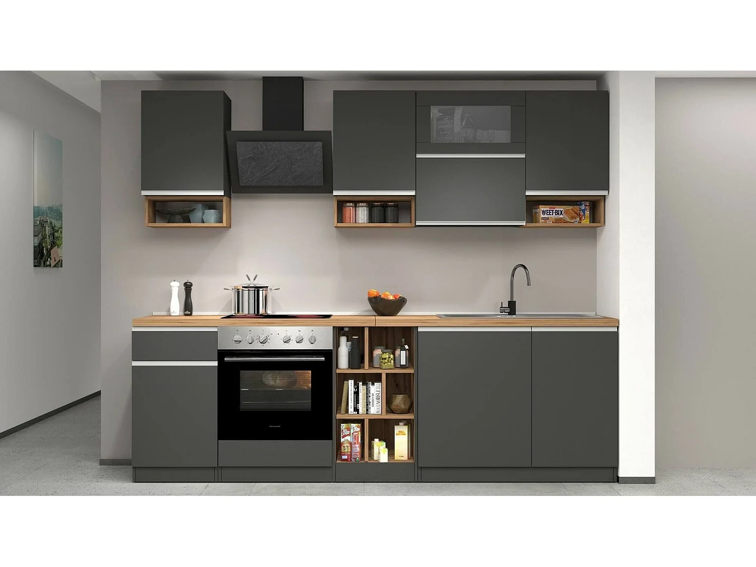 Cocina completa Dceccaron, Set con despensa, Mueble cocina, Kit bloque lineal, 100% Made in Italy, 255x60h85 cm, Antracita y Roble